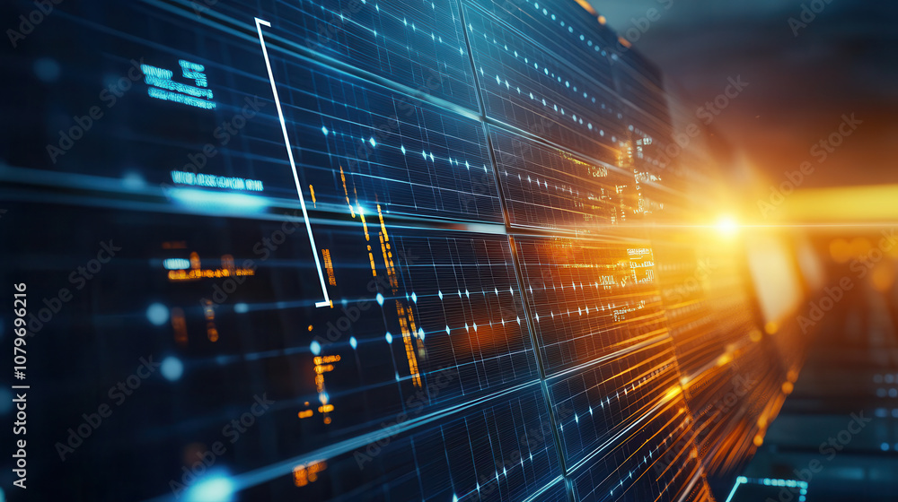 Poster digital data visualization with glowing lines and grids, showcasing technology and innovation. vibra