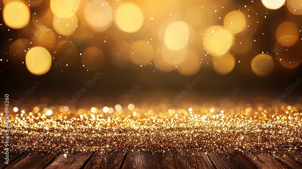 Poster abstract golden bokeh background with sparkling light and wooden texture.
