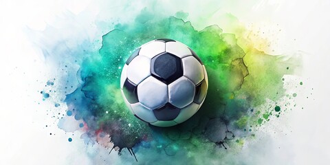 A Classic Leather Soccer Ball Rests on a Watercolor Background of Vibrant Greens, Blues, and Yellows