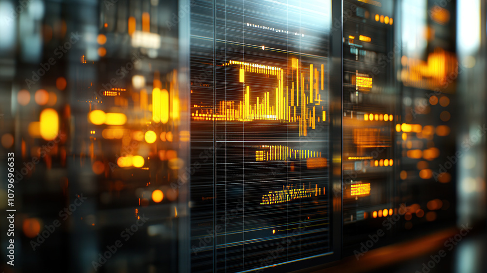 Poster abstract digital data visualization with glowing orange elements, representing technology and analyt