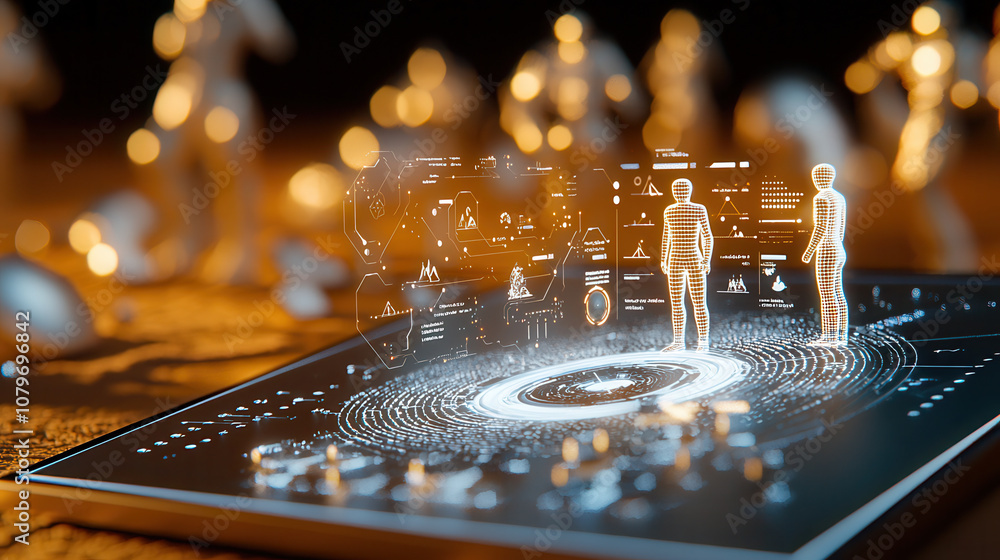 Poster futuristic digital interface with holographic figures and data visualization, showcasing technology 