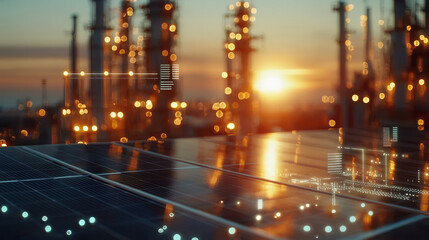 Solar panels reflecting sunset in industrial park, showcasing renewable energy technology amidst glowing lights. beautiful blend of nature and industry