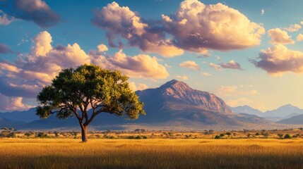 Scenic view of a tree against a majestic mountain landscape with vibrant clouds