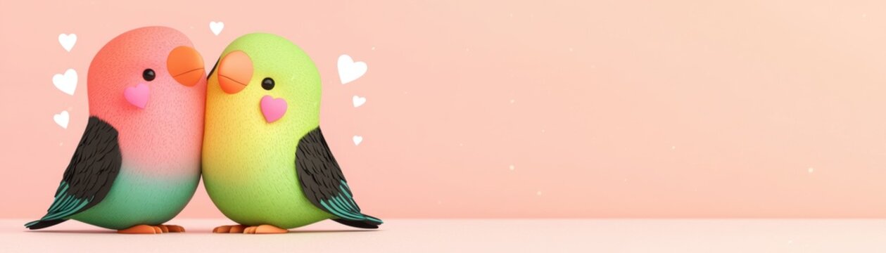 Two colorful parakeets sharing a sweet moment against a soft, pastel background filled with love and joy.