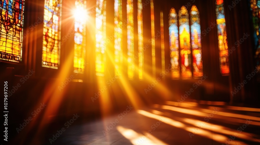 Poster sunlight streaming through stained glass windows, creating a colorful atmosphere.