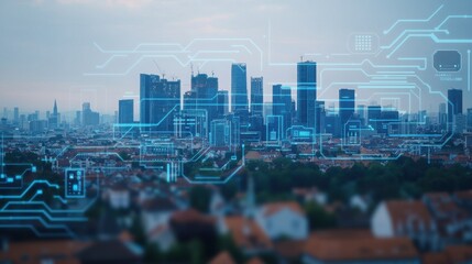 Setting 2025 goals with vision and strategy concept. A modern city skyline with digital technology overlay, showcasing smart city concepts and urban development against a dusk backdrop.