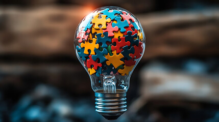 A light bulb made of colorful puzzle pieces symbolizing innovative ideas and creativity 

