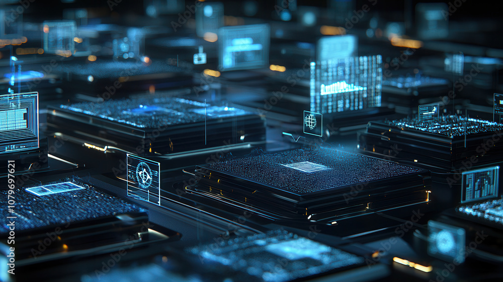 Poster futuristic digital technology with microchips and holographic displays, showcasing advanced computin