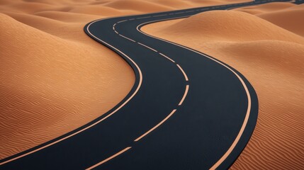 Setting 2025 goals with vision and strategy concept. A winding road cuts through golden sand dunes, creating a striking contrast between the asphalt and the desert landscape.