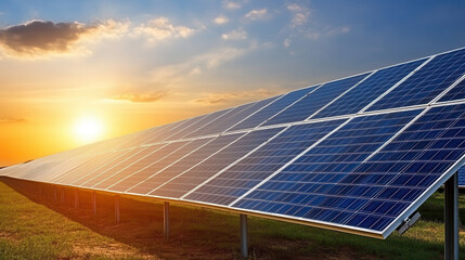 Sunset over solar panels in field, showcasing renewable energy. vibrant sky enhances scene beauty and tranquility