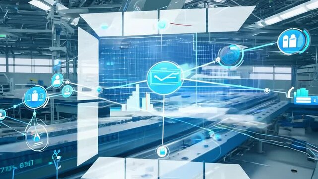 Connected Industry: A futuristic factory floor with interconnected systems and data visualization.  The image showcases the digital transformation of manufacturing.