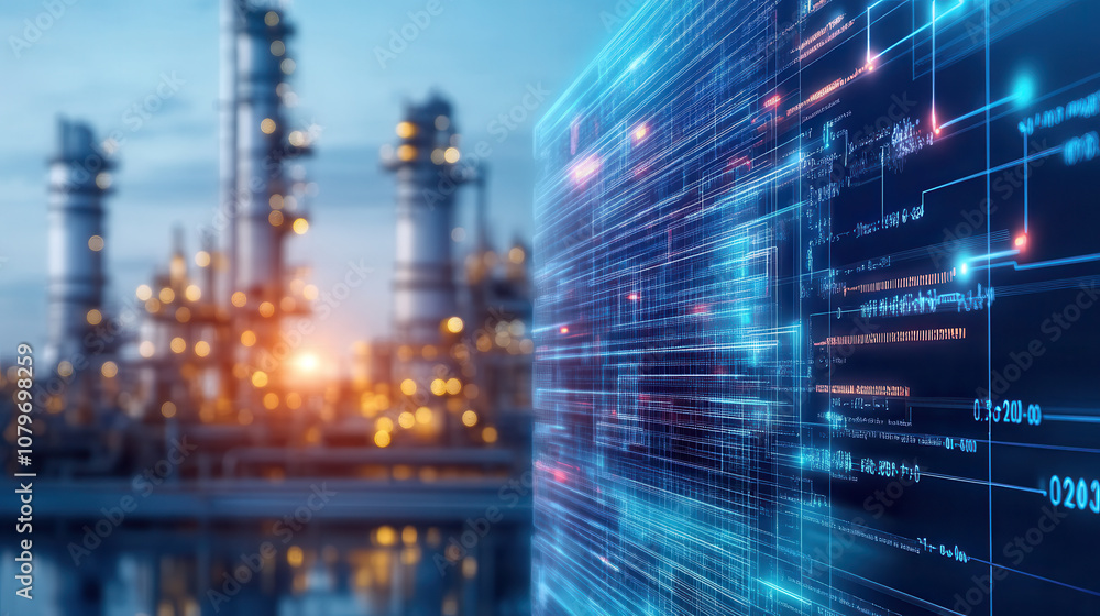 Poster digital data overlay on industrial landscape with glowing lights and structures. scene captures fusi