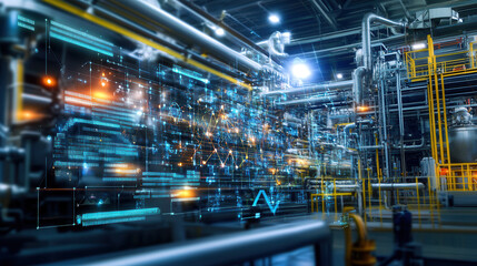 Fototapeta premium futuristic industrial setting with digital data visualization and machinery, showcasing advanced technology and automation in factory environment
