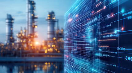 Fototapeta premium Digital data overlay on industrial landscape with glowing lights and structures. scene captures fusion of technology and energy production, evoking sense of innovation and progress