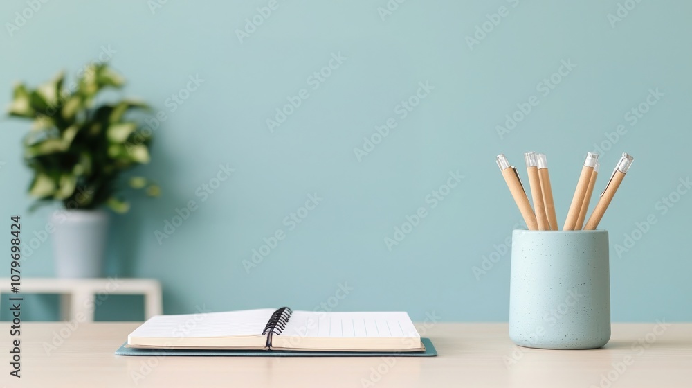 Aufkleber setting 2025 goals with vision and strategy concept. a minimalistic workspace featuring a notebook, 