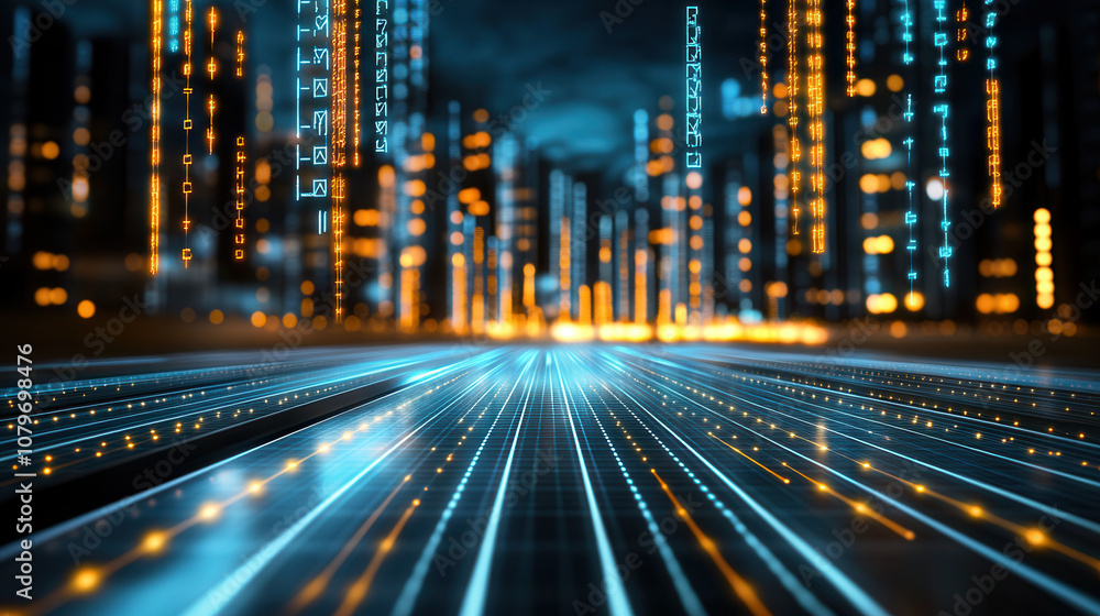 Poster futuristic digital landscape with glowing lines and data streams, representing technology and innova