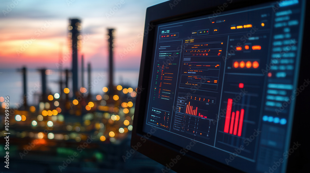 Poster digital control panel displaying data and graphs at sunset, with industrial background. scene convey
