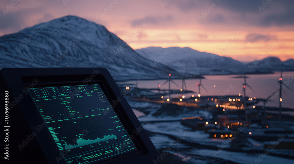 Poster control panel displays data against backdrop of wind turbines and mountains at sunset. scene capture