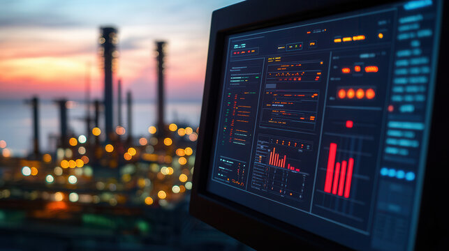digital control panel displaying data and graphs at sunset, with industrial background. scene conveys sense of technology and innovation in coastal area