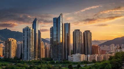 Obraz premium Urban skyline with tall buildings and mountains in the background at sunset.