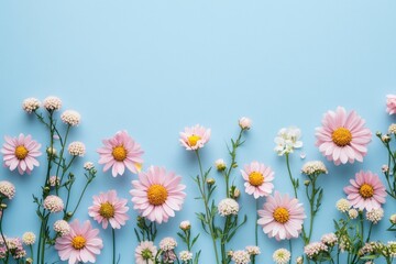 Fototapeta premium Beautiful flowers composition. Light pink flowers, empty photo frame for text on pastel blue background. Wedding. Birthday. Valentines Day. Mother's day. Flat lay, top view, with generative ai
