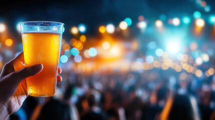 hand holding glass of beer in lively atmosphere with blurred lights. scene captures joy of celebration and social gatherings