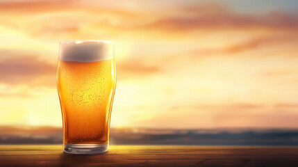 refreshing pint of beer sits on wooden table, glowing in golden hour light. sunset creates warm ambiance, enhancing drink inviting appearance