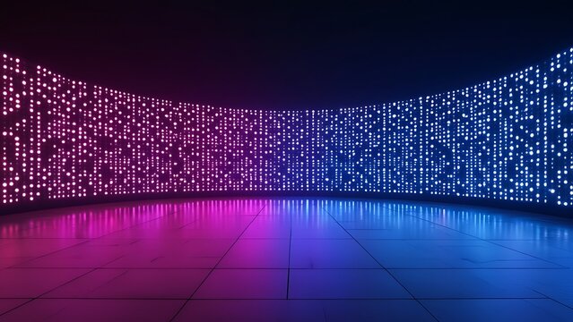 Authentic concave LED display for a wall or platform. Large TV display depicted in a vector illustration with neon blue and purple dot lights. Stadium digital scoreboard with diode lights