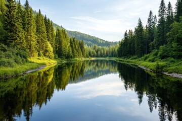 Tranquil Pine Forest River: Serene Scenery with Reflection of Trees on Calm Water