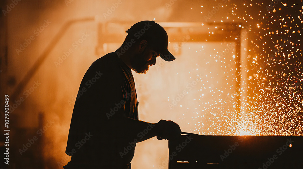 Poster craftsman working in forge, creating sparks and silhouettes in workshop. intense glow and dynamic mo