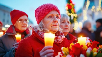 National Day of Remembrance and Action on Violence Against Women, a solemn candlelight vigil at dusk, people holding candles in silence,