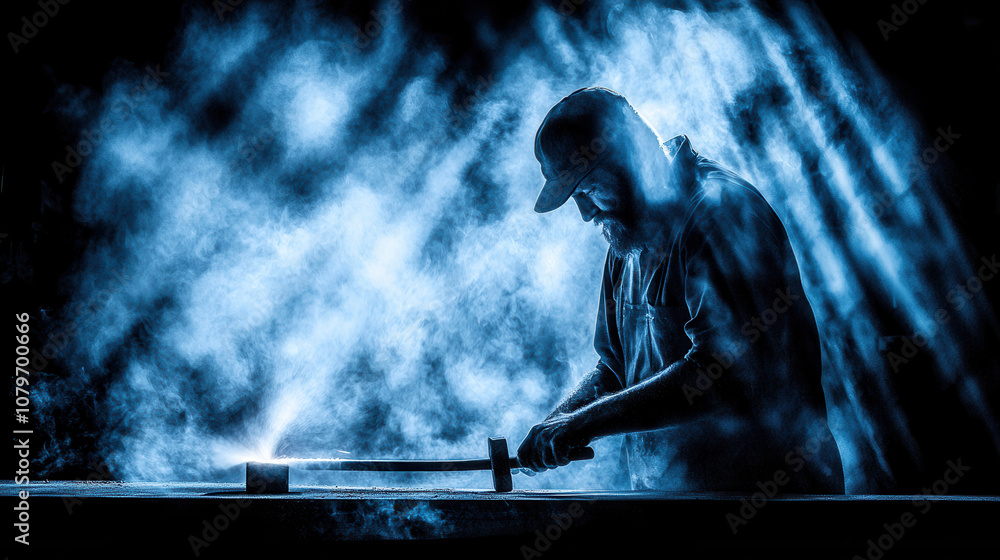 Poster blacksmith working in clean workshop, creating sword in dramatic lighting. atmosphere is filled with