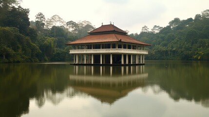 Fototapeta premium A serene pavilion on stilts reflecting in calm waters, surrounded by lush greenery.