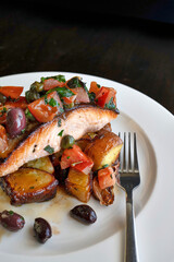 Dish of Grilled Salmon with Mediterranean Vegetables 