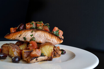 Dish of Grilled Salmon with Mediterranean Vegetables 