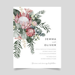 Watercolor Protea Wedding Invitation with hypericum berries, dusty miller, pepper tree leaves and eucalyptus