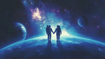 Obraz premium A serene scene of an astronaut couple holding hands while floating in space, with Earth visible in the background, glowing stars and planets surrounding them