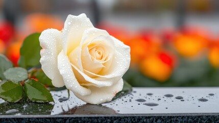 National Day of Remembrance and Action on Violence Against Women, a close-up of a single white rose placed beside a memorial plaque
