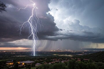 Dramatic thunderstorm illuminates urban skyline as lightning bolts streak across the night sky	