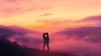 Fototapeta premium couple holding each other tightly on a misty hillside as dawn breaks, soft pinks and oranges coloring the sky