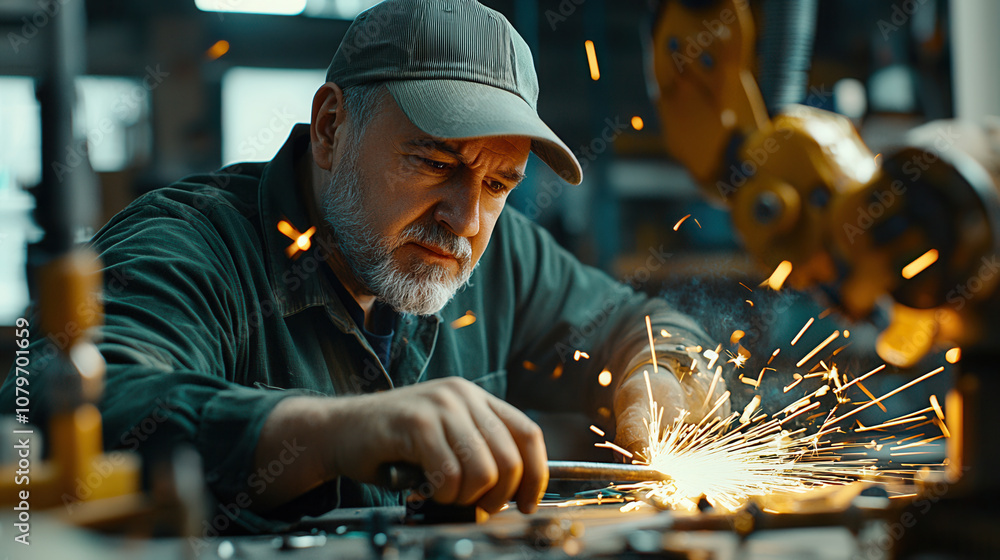 Poster man forging iron with intense focus, surrounded by sparks and tools, showcasing craftsmanship and de