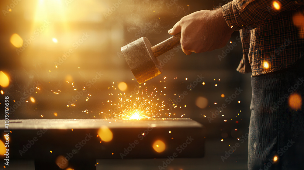 Poster craftsman forging metal with hammer and anvil, sparks flying in clean studio. warm glow and dynamic 