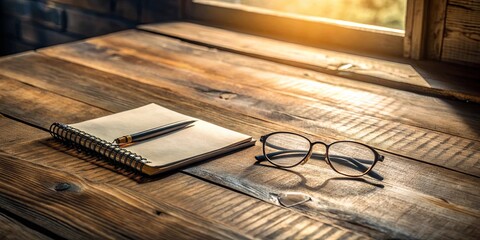 A blank notebook rests on a wooden surface with a pen resting on top and glasses lying nearby, bathed in the warm glow of the setting sun.