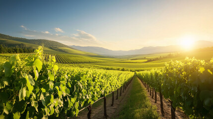 Fototapeta premium Lush Vineyard Rows in Sunlit Valley Landscape 
