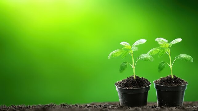 Nurturing growth, two small plants in black pots on dirt embarking on journey of life - Powered by Adobe