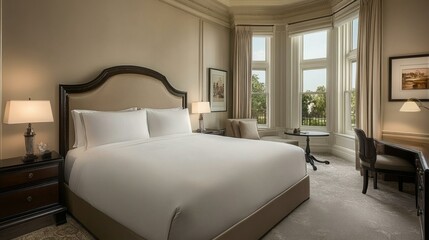 Elegant and Inviting Hotel Room with King Size Bed, Natural Light, and Cozy Atmosphere Ideal for Relaxation and Comfort During Travel and Leisure Stays