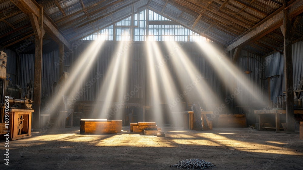 Poster serene workshop illuminated by beams of sunlight filtering through roof, creating tranquil atmospher