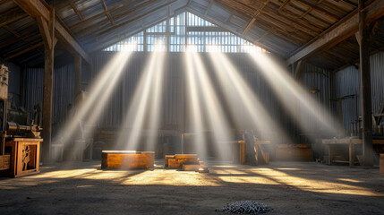 serene workshop illuminated by beams of sunlight filtering through roof, creating tranquil atmosphere. wooden surfaces and scattered tools add to rustic charm