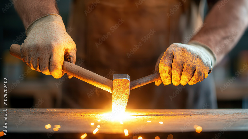 Poster blacksmith working with hammer and anvil, creating sparks in workshop, showcasing craftsmanship and 