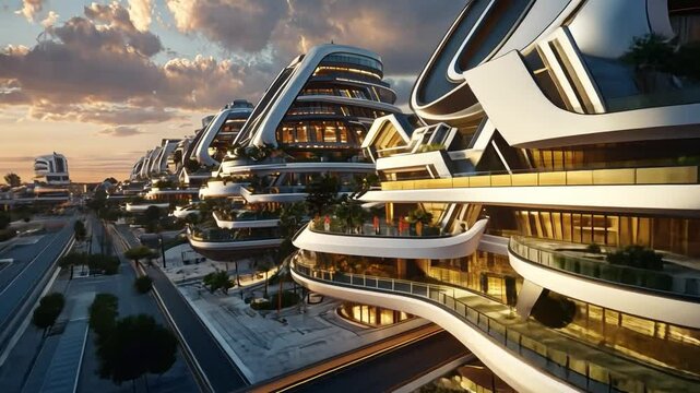 Futuristic Cityscape: A breathtaking architectural masterpiece, this futuristic cityscape boasts sleek, flowing lines, a harmonious blend of nature and technology.